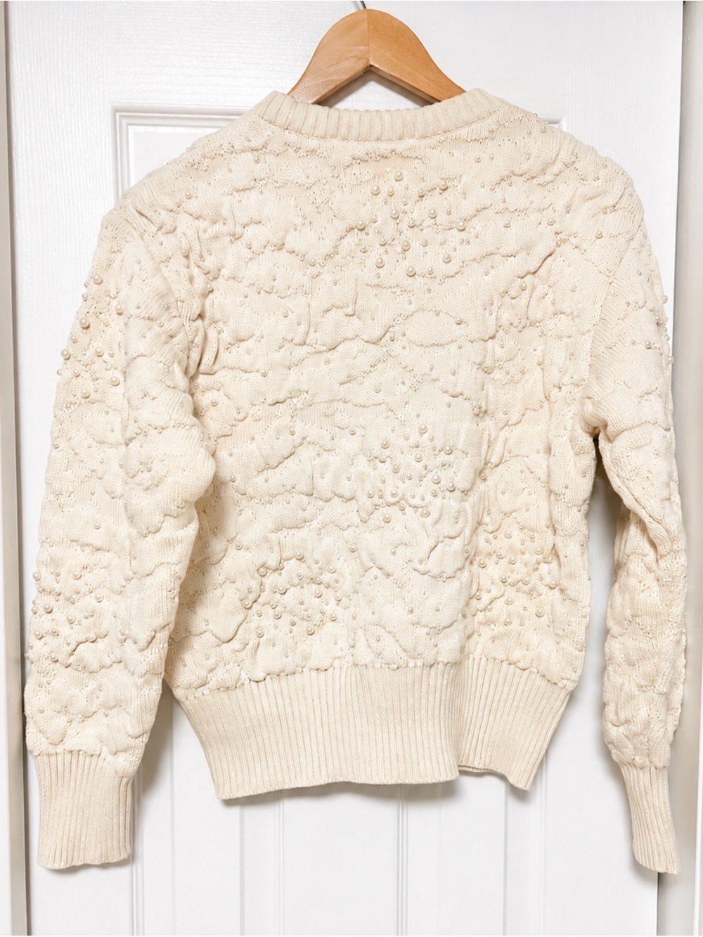 Zara Pearl Embellished Ivory Cotton Sweater Size S NWT